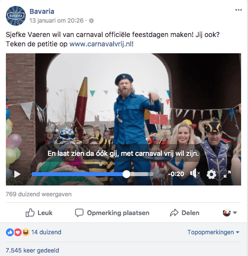 Facebookbericht Bavaria vrij met Carnaval