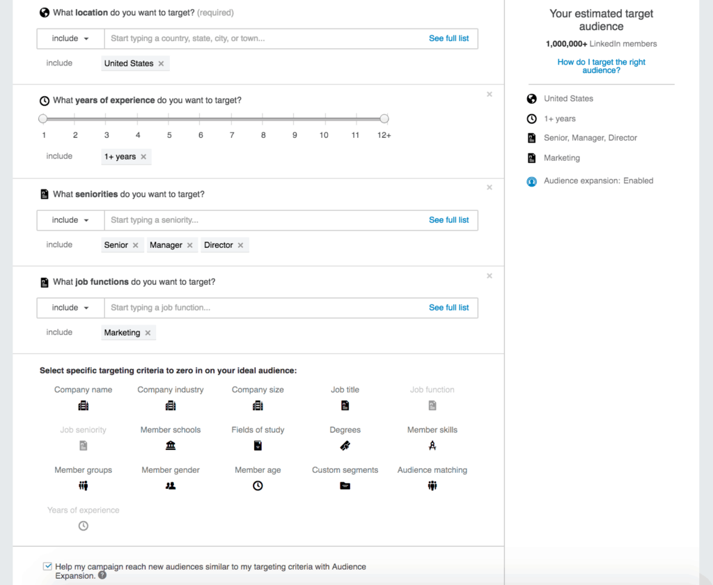 Screenshot LinkedIn audence