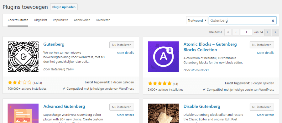 Gutenberg plugin toevoegen