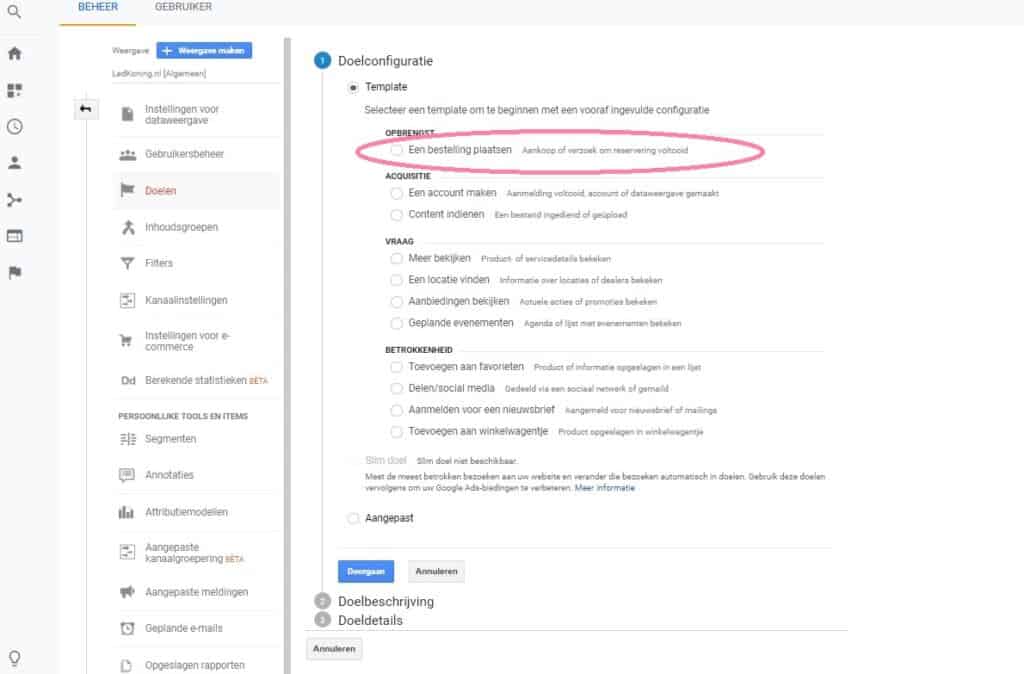 Google Analytics doelconfiguratie