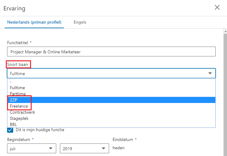 Uitleg aanzetten 'soort baan' LinkedIn werkervaring. 